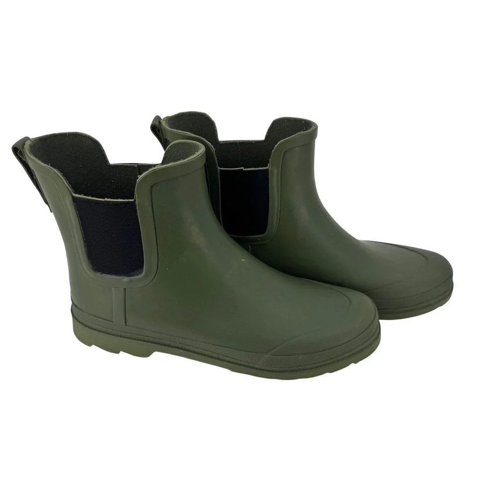 J.Crew Womens Chelsea Rain Boots Olive Green Rubber Ankle Boot / Bootie Lug Sole